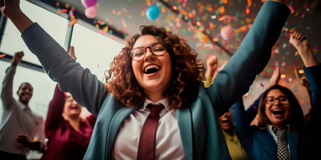 plus-size manager celebrating a successful project completion with her team, highlighting her leadership and appreciation for her employees.の素材