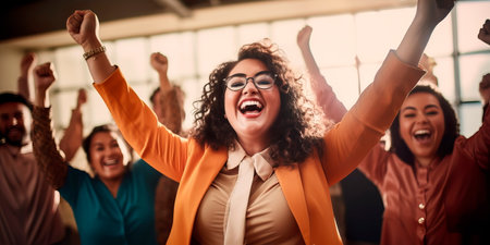 plus-size manager celebrating a successful project completion with her team, highlighting her leadership and appreciation for her employees.の素材
