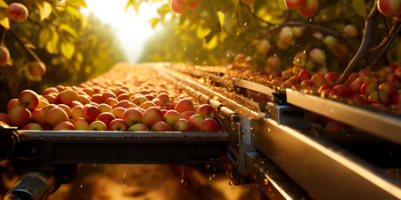 harvester's conveyor belts collecting ripe apples from tree branches, with apples rolling gently down the belts, symbolizing the start of apple processing.の素材