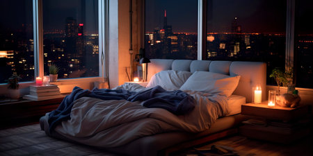 bedroom area in a studio apartment with a low-profile platform bed, minimalist bedding, and soft, diffused lighting.の素材