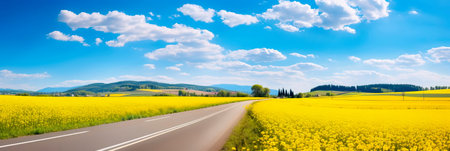 highway surrounded by colorful fields of blooming flowers, creating a picturesque countryside scene.の素材