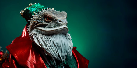 Dragon wearing a santa claus costume and striking a pose against a colored backgroundの素材