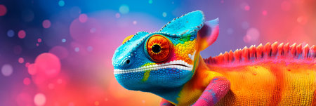 whimsical chameleon blending into a rainbow-colored backgroundの素材