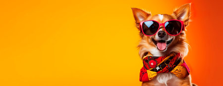 charismatic dog wearing oversized, vibrant sunglasses and striking a pose against a colored backdrop, promotingの素材