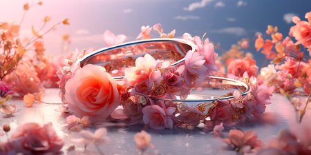Embrace wedding rings covered with flowers.の素材