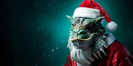 Dragon wearing a santa claus costume and striking a pose against a colored backgroundの素材