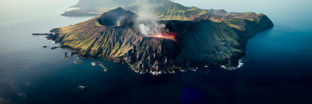 enchanting aerial view of a remote island with a volcanic crater, showing the rugged beauty of the natural landscape.の素材