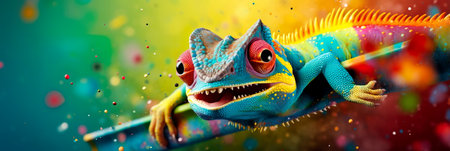 whimsical chameleon blending into a rainbow-colored backgroundの素材