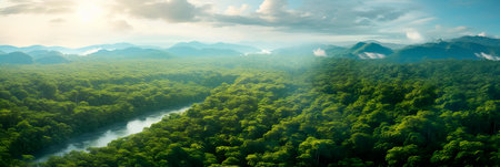 breathtaking aerial view of a lush tropical rainforest canopy, showing the vibrant green foliage and meandering rivers below.の素材