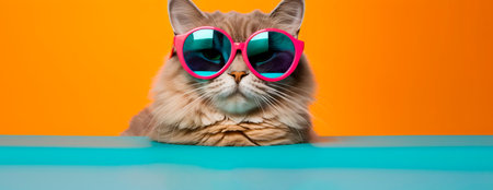 charismatic cat wearing oversized, vibrant sunglasses and striking a pose against a colored backdrop, promotingの素材