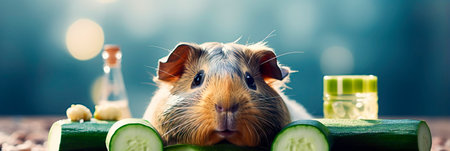pampered guinea pig receiving a spa treatment with cucumber slices on its eyes, humorously promoting pet grooming services.の素材