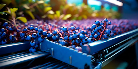 harvester's conveyor belts softly collecting plump blueberries from the bushes and transporting them to containersの素材
