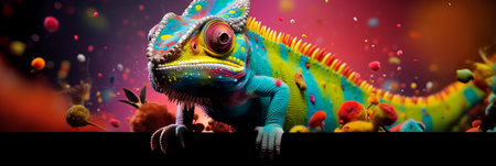 whimsical chameleon blending into a rainbow-colored backgroundの素材