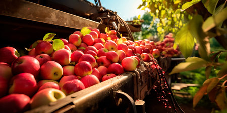 harvester's conveyor belts collecting ripe apples from tree branches, with apples rolling gently down the belts, symbolizing the start of apple processing.の素材