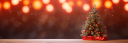 Merry christmas table background with christmas tree out of focusの素材