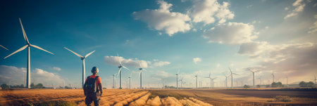 Women engineer working and holding the report at wind turbine farm power generator stationの素材