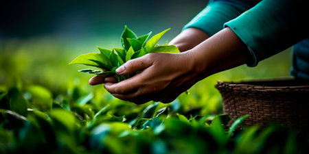 worker's hands meticulously harvesting vibrant green tea leaves in a well-tended tea plantationの素材
