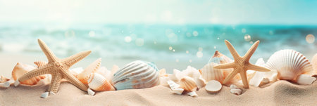 light teal and sandy beige, watercolor seashells and starfish. Generative AIの素材