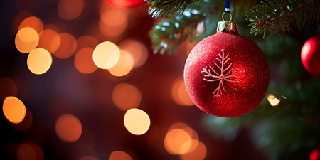 Christmas tree ornament, a red ball, nestled among lush green branches, with soft bokeh lights in the background. Generative AIの素材