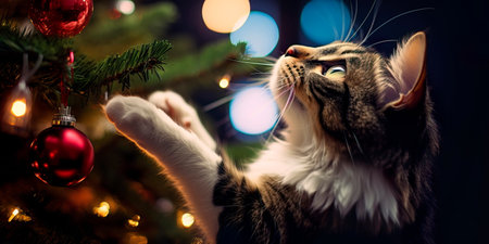 cat swats at a dangling Christmas tree ornament, with bokeh lights illuminating the mischievous holiday moment. Generative AIの素材