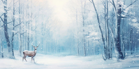 tranquil winter forest, with a family of deer gracefully moving through the snow-draped trees in the distance.の素材