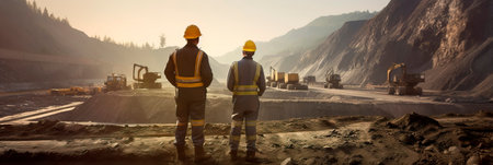 mining engineers and geologists studying rock formations, conducting surveys, and planning mining operations.の素材