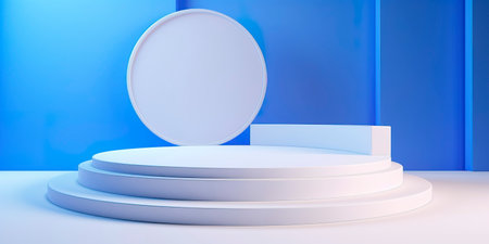 realistic white and blue cylinder podium platform stand with colorful circleの素材
