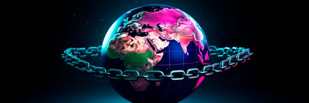 globe wrapped in a digital chain, symbolizing the global need for ethical AI practices.の素材