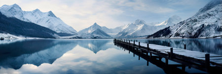 peaceful winter lake reflecting the snow-capped mountains, with a small wooden dock extending into the icy waters.の素材