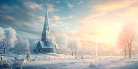 historic church with a tall steeple, nestled amidst a snowy landscape, as soft morning light bathes it in a gentle glow.の素材