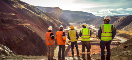 mining engineers and geologists studying rock formations, conducting surveys, and planning mining operations.の素材