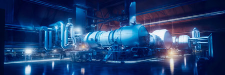 gas power turbine plant with gas turbines in operation, highlighting the combustion processの素材