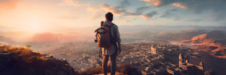 traveler exploring a new city during a break from remote work, capturing the essence of nomad life.の素材