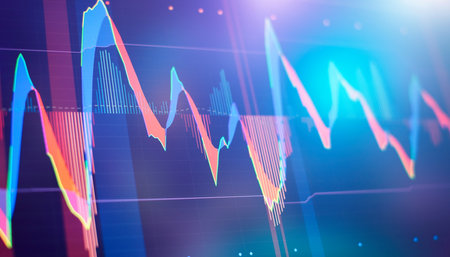 Concept of stock market and fintech. Blurry digital charts over dark blue background.