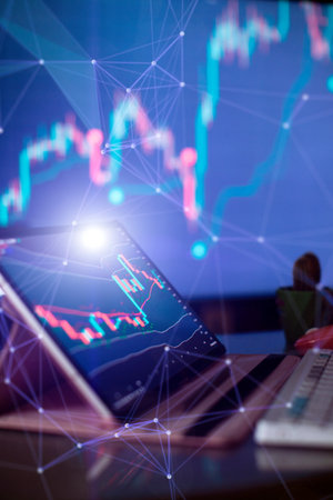 Analysis of financial charts on the screen. Asset Investment Chart Business