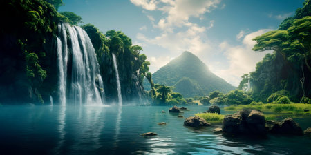 hidden island with a towering waterfall that flows into a crystal-clear lagoon. Generative AIの素材