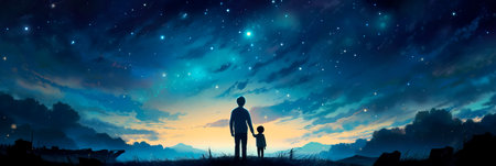 parent and child under a starry sky, where stars sing lullabies to soothe the world to sleep. Generative AIの素材