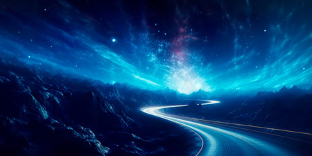 highway winding through space, connecting distant star systems and serving as a cosmic trade route. Generative AIの素材