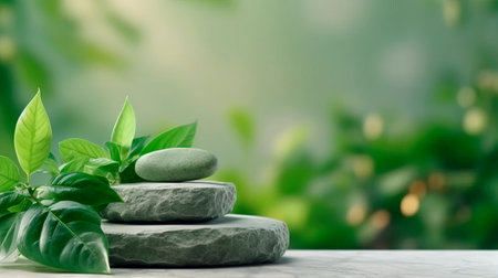 Scene with green leaves natural stone and concrete podium in Natural green background.の素材