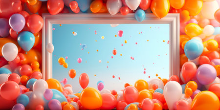 Bright multicolored background with frames balloons and confettiの素材
