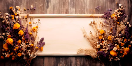 Beautiful empty wooden frame with a bouquet of dried flowersの素材