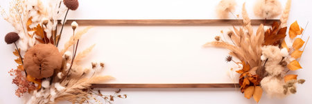 Beautiful empty wooden frame with a bouquet of dried flowersの素材