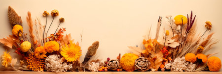 Beautiful empty wooden frame with a bouquet of dried flowersの素材
