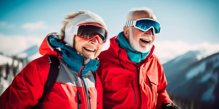 elderly couple skiing on mountain slopesの素材