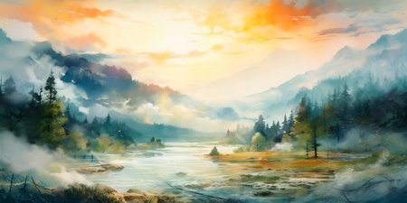 A living watercolor where colors blend and flow, forming new landscapes.の素材