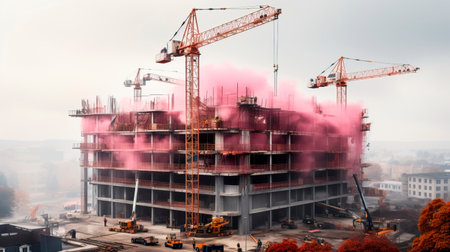 Construction of apartment building cranes above unfinished multistorey panel buildingの素材