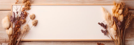 Beautiful empty wooden frame with a bouquet of dried flowersの素材