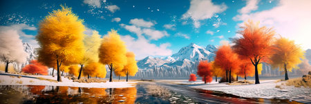 dynamic winter landscape that shifts from the vibrant colors with falling leaves and snow in winter.の素材