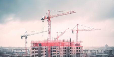 Construction of apartment building cranes above unfinished multistorey panel buildingの素材