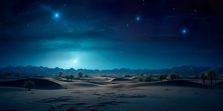 Sandy desert under a starry sky with sporadic palm trees under a bright starry sky.の素材